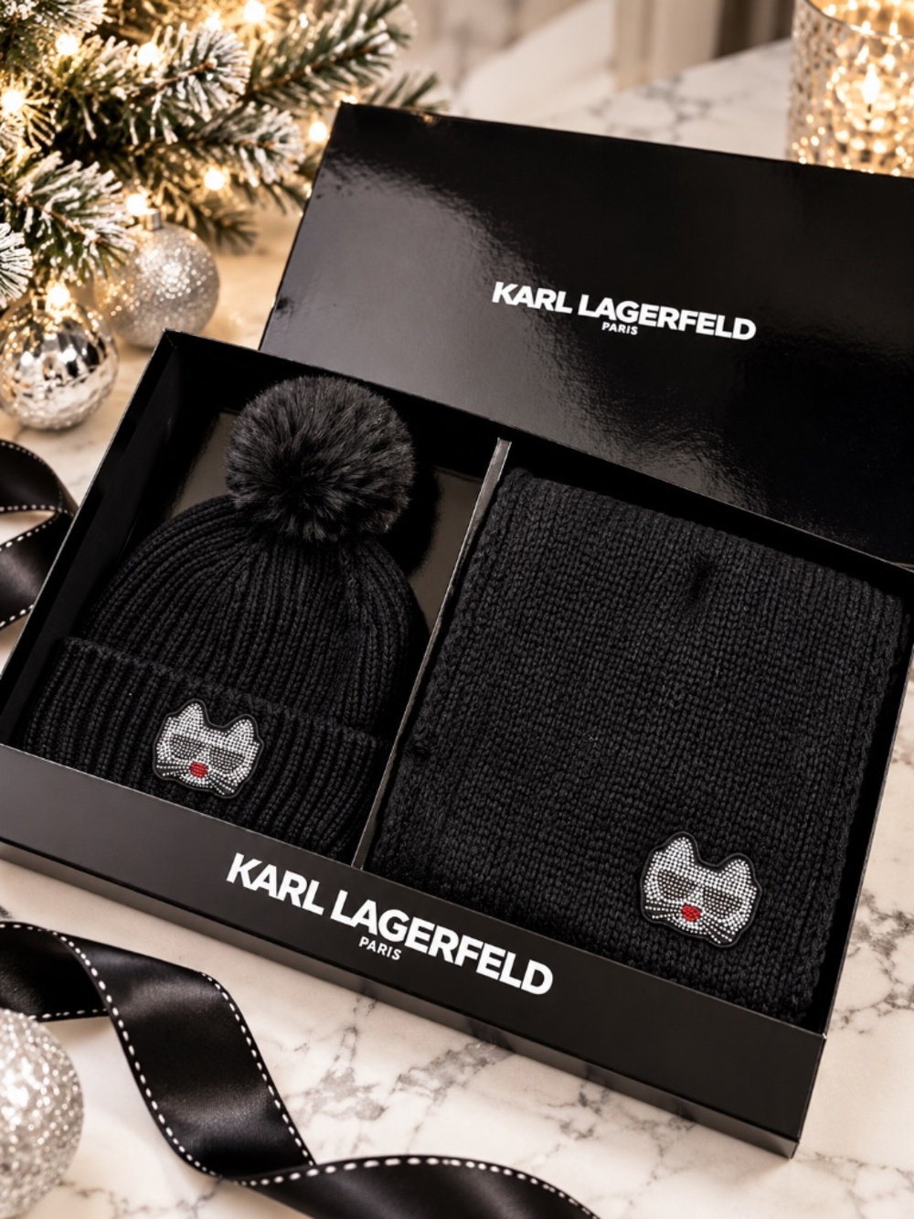 Karl Lagerfeld Paris Hat Scarf 2pc Gift Box Set Black Rhinestone NWT